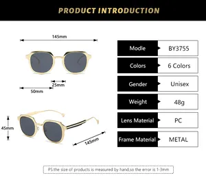 Detailed size guide for retro sunglasses showing frame dimensions and technical specs