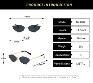 Irregular polygon sunglasses size guide showing 140mm frame width and metal material