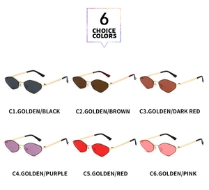 Close-up of geometric polygon sunglasses in six color options with gold metal frames