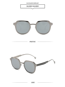 Detailed front and side views of silver geometric sunglasses with metallic polygonal frames