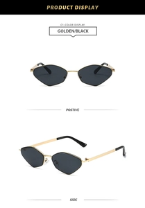 Detail view of golden geometric sunglasses with dark lenses and black temple tips