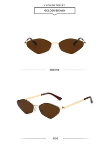 Front and side view of geometric polygon sunglasses with golden frame and brown lenses