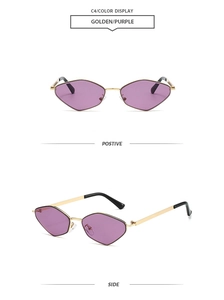 Detail view of geometric gold frame sunglasses with purple gradient lenses from two angles