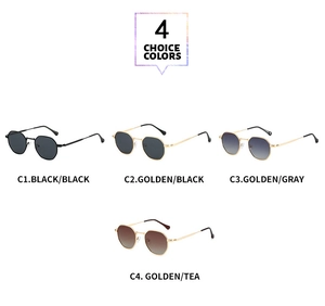 Four colors of geometric metal sunglasses including black, gold, and gradient brown lenses