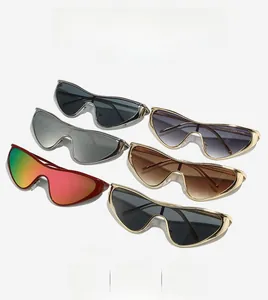 Detail view of multi-color wrap sunglasses in punk style with durable metal frames