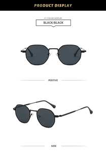 Detailed views of classic polygonal sunglasses with thin black metal frames and dark lenses