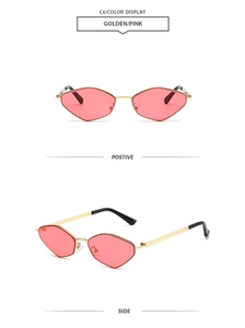 Detailed view of golden metal polygon sunglasses with pink lenses from multiple angles