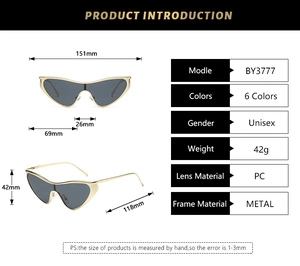 Detailed size chart for punk cat eye sunglasses featuring dimensions and frame parameters