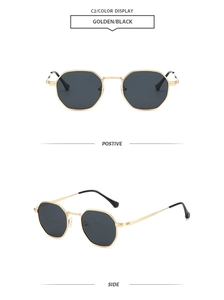 Detailed front and side views of golden octagonal metal frame sunglasses with black lenses