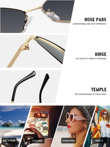 Detail of irregular polygon sunglasses with metal frames, nose pads and lifestyle scenes