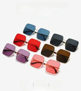 Detailed display of vintage square sunglasses in six assorted colors with gold metal frames