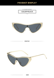 Front and side view of gold frame punk cat-eye sunglasses with dark grey lenses
