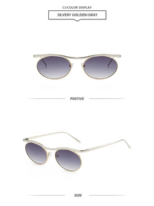 Détails des lunettes de soleil ovales steampunk, monture argent-or et verres dégradés gris