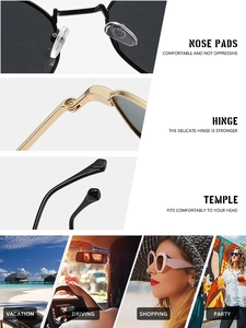 Detailed views of sunglasses nose pads, sturdy hinges, and stylish temple design