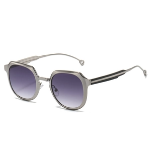 Modern irregular silver metal frame sunglasses with purple gradient lenses on white backdrop