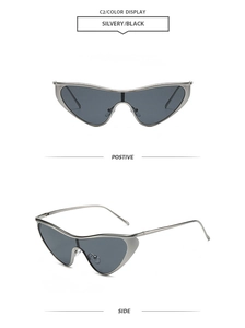 Front and side view of futuristic punk style sunglasses with silver frame and black lens