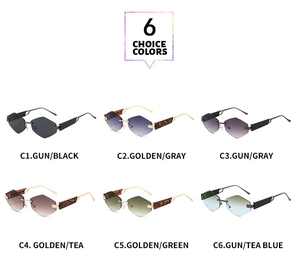 Close-up of rimless geometric sunglasses in six colors with gradient lenses and metal arms