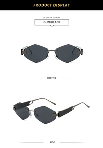Detailed view showing gunmetal temples and hexagon grey lenses of rimless sunglasses