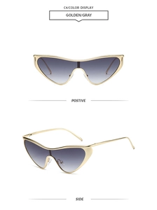Close-up views of gold punk sunglasses with gray gradient lenses from front and side
