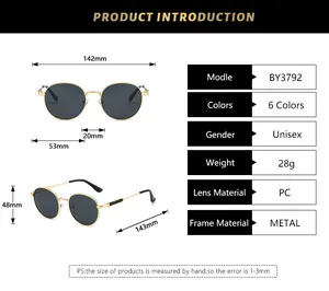 Detailed size chart for vintage metal oval sunglasses with frame and lens dimensions