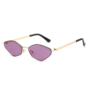 Irregular polygon sunglasses with purple diamond-cut lenses and gold metal frames