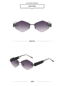 Detail view of rimless diamond-cut purple gradient sunglasses with gun-gray metal temples