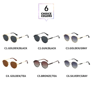 Detailed macro view of vintage oval metal sunglasses in six assorted frame and lens colors