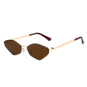 Retro irregular polygon sunglasses with gold metal frame and dark brown lenses
