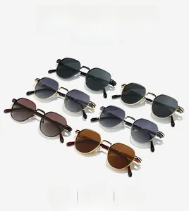 Collection of stylish polygonal metal sunglasses in diverse lens colors with UV protection