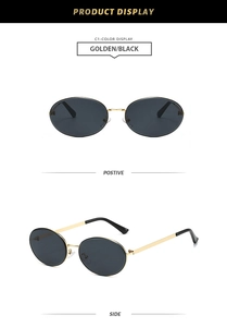 Vues de face et de côté de lunettes de soleil ovales vintage avec monture dorée et verres noirs