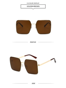 Detailed front and side views of oversized square gold metal sunglasses with brown lenses