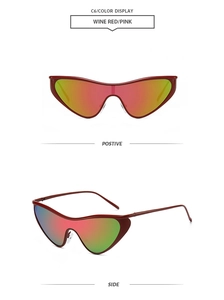 Front and side view of wine red cat-eye punk sunglasses with pink mirrored lenses