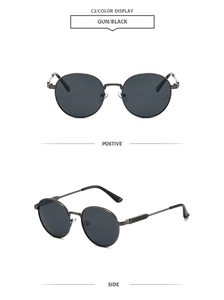 Detailed front and side views of gunmetal oval sunglasses with dark tinted lenses