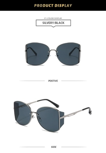 Detailansicht der silbernen Metallrahmen und dunklen Gläser dieser modischen Sonnenbrille