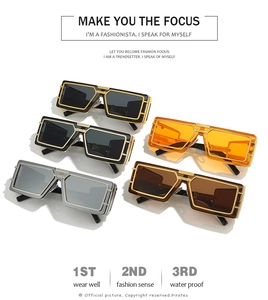 Detailed display of futuristic punk sunglasses in five colors with metallic accents