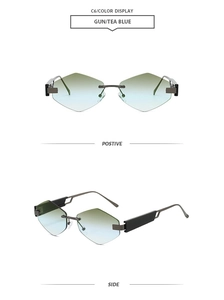 Detail view of rimless diamond-cut sunglasses with gradient blue-tea lenses and metal temples