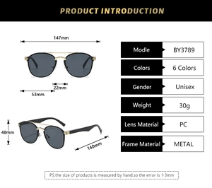 Detaillierte Maßtabelle mit Abmessungen und Daten der ovalen Metall-Sonnenbrille