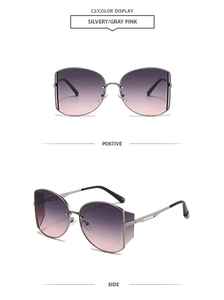 Detailansicht der silbernen Cat-Eye-Sonnenbrille mit grau-rosa Verlaufslinsen in zwei Winkeln