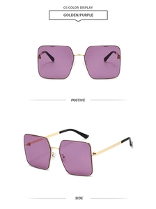 Detail of square gold metal sunglasses with purple tinted lenses and black temple tips