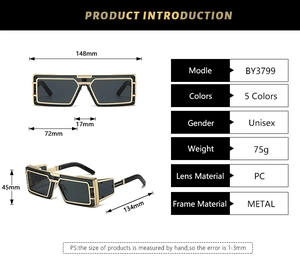 Detailed technical diagram of punk metal square sunglasses with specific size measurements