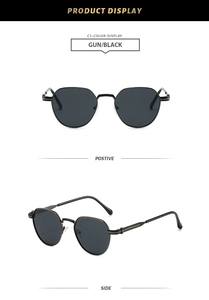 Detailed views of polygon metal sunglasses in gunmetal frame with black lenses