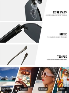 Detail view of rimless diamond-cut sunglasses with nose pads, hinges, and lifestyle scenes