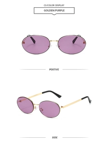 Vue détaillée des lunettes de soleil ovales rétro avec monture dorée et verres violets