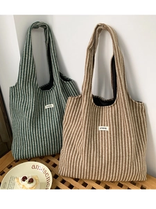 Woolen Herringbone Tote Bag Large Capacity Retro Striped Shoulder Bag For Women Daily Work School