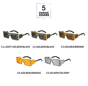 Detailed view of punk rectangle sunglasses in five metallic finishes and assorted lens colors