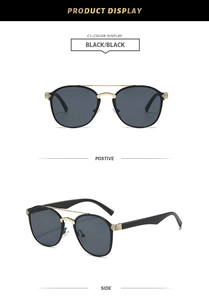 Detailansicht der ovalen Sonnenbrille mit Doppelsteg und schwarzem Rahmen in zwei Perspektiven