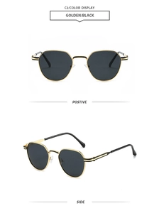 Detail view of golden polygonal metal sunglasses with black lenses from front and side angles