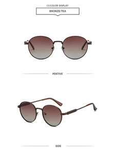 Front and side views of vintage bronze metal oval sunglasses with tea gradient lenses