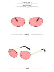 Vues de face et de profil de lunettes de soleil ovales dorées avec des verres roses clairs