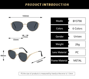 Detailed size specifications for metal frame rhinestone sunglasses with dimensions